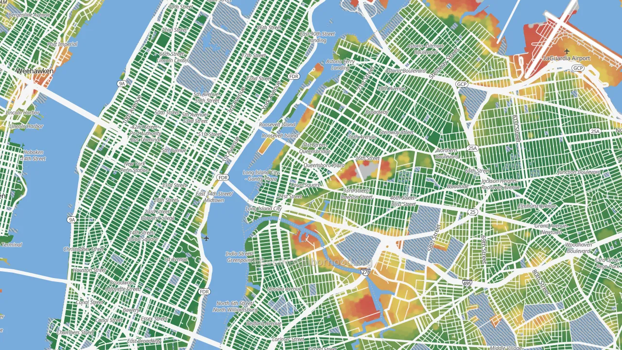 Walk Grade map of Long Island City, Queens, NY, walkable areas in green and car-dependent areas in red