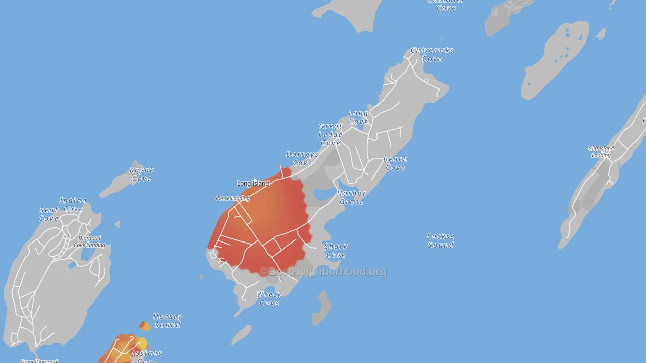 Walk Grade map of Long Island, ME, walkable areas in green and car-dependent areas in red