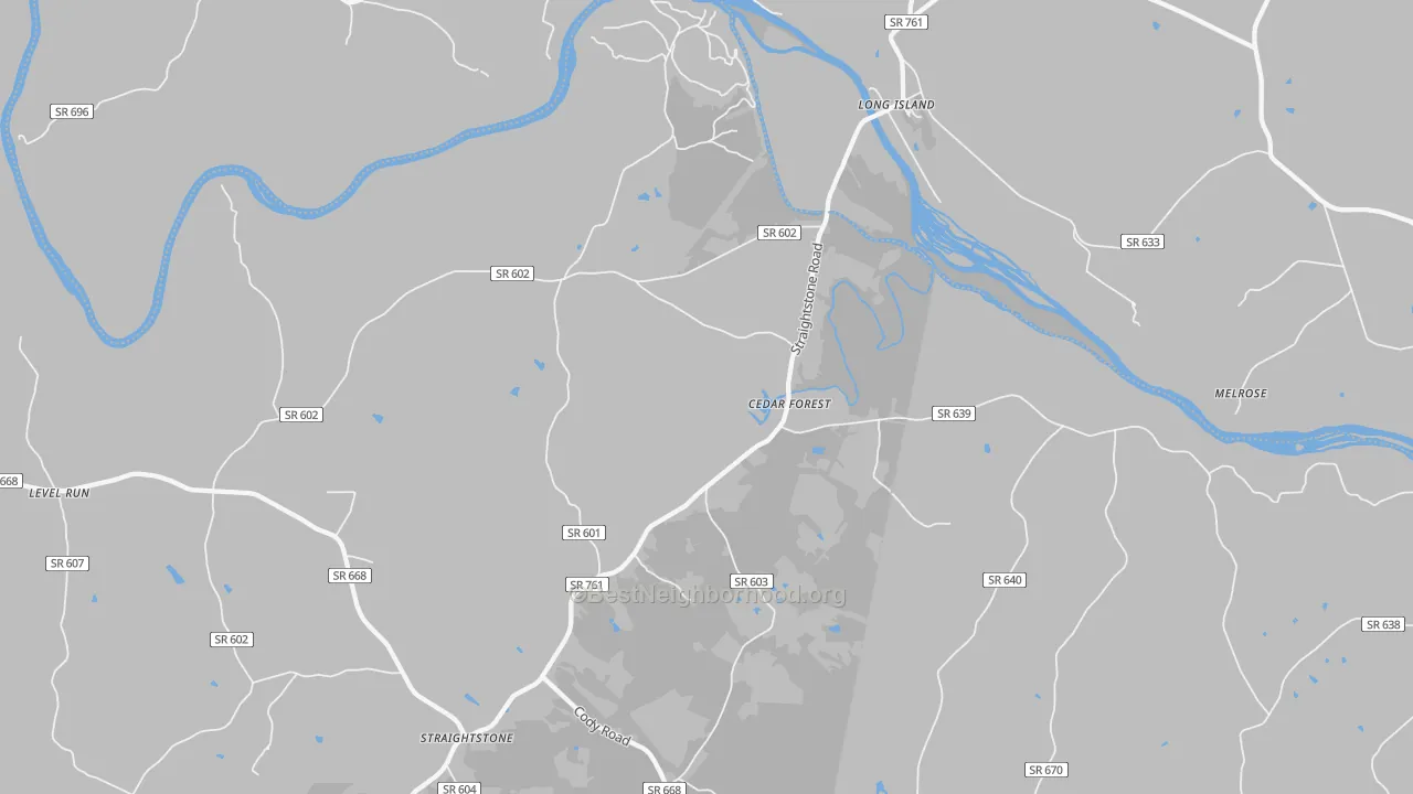 Walk Grade map of Long Island, VA, walkable areas in green and car-dependent areas in red