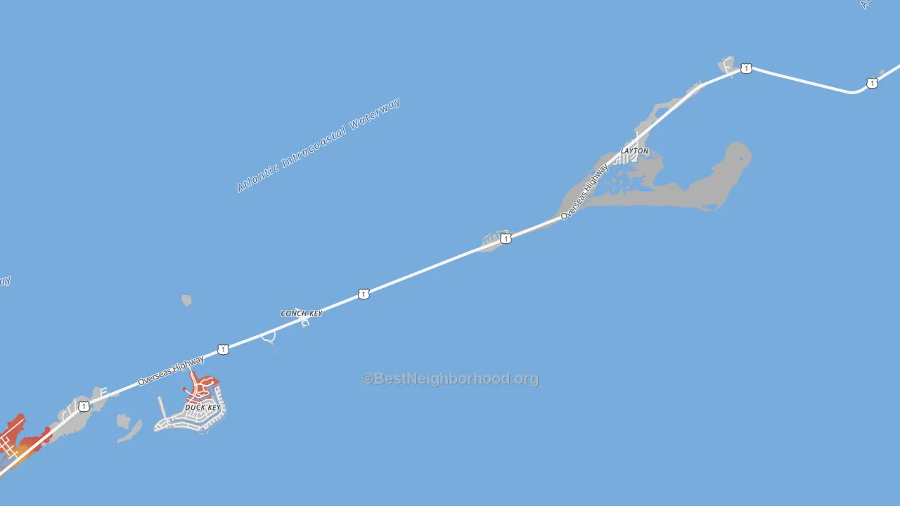 Walk Grade map of Long Key, FL, walkable areas in green and car-dependent areas in red