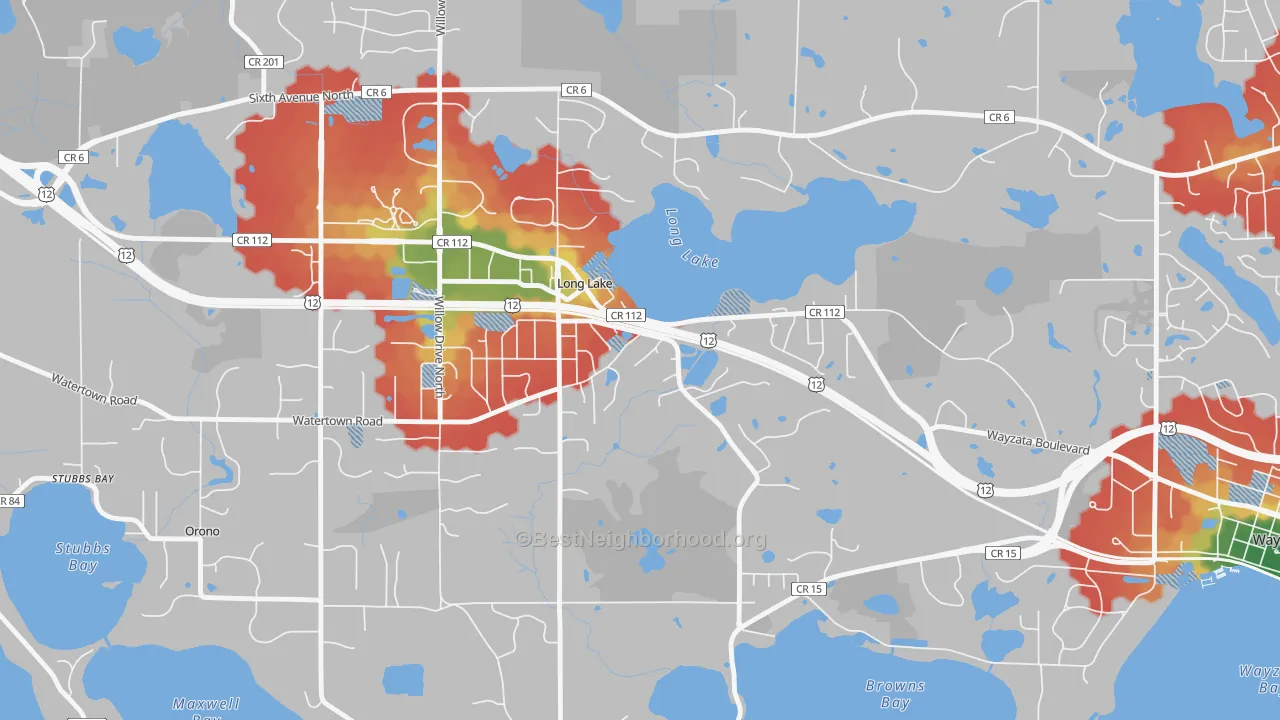 Walk Grade map of Long Lake, MN, walkable areas in green and car-dependent areas in red
