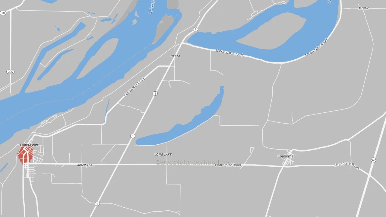 Walk Grade map of Long Lake, MS, walkable areas in green and car-dependent areas in red