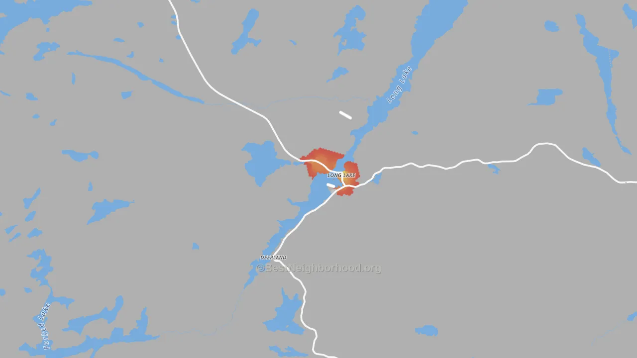 Walk Grade map of Long Lake, NY, walkable areas in green and car-dependent areas in red