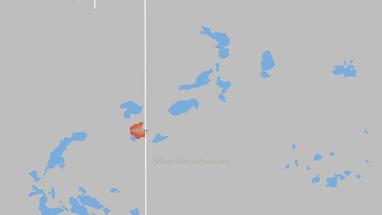 Walk Grade map of Long Lake, SD, walkable areas in green and car-dependent areas in red