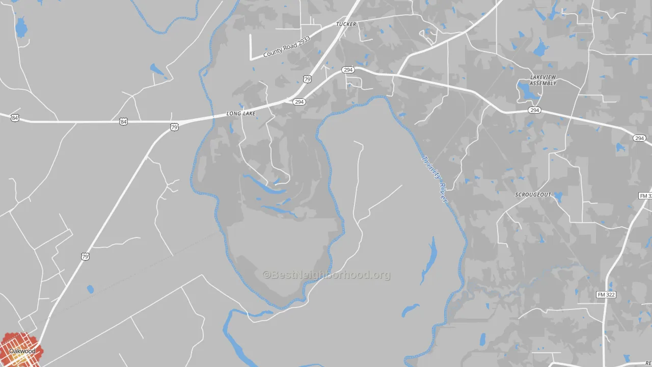Walk Grade map of Long Lake, TX, walkable areas in green and car-dependent areas in red