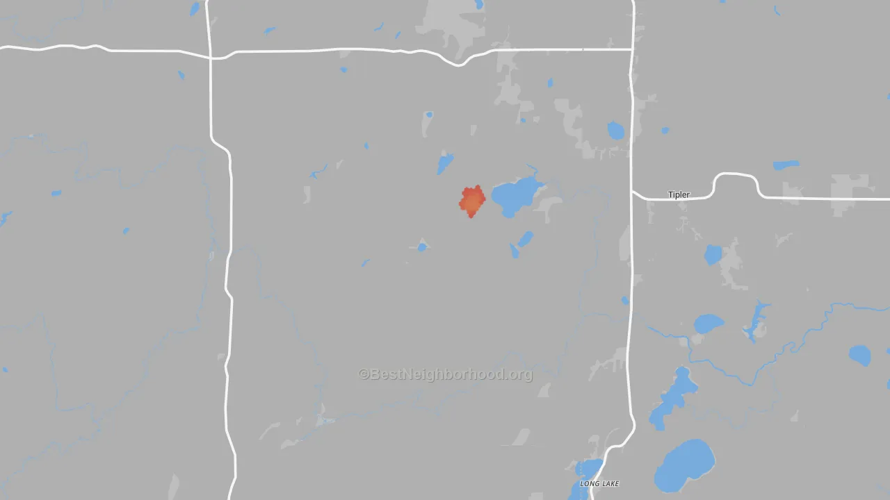 Walk Grade map of Long Lake, WI, walkable areas in green and car-dependent areas in red