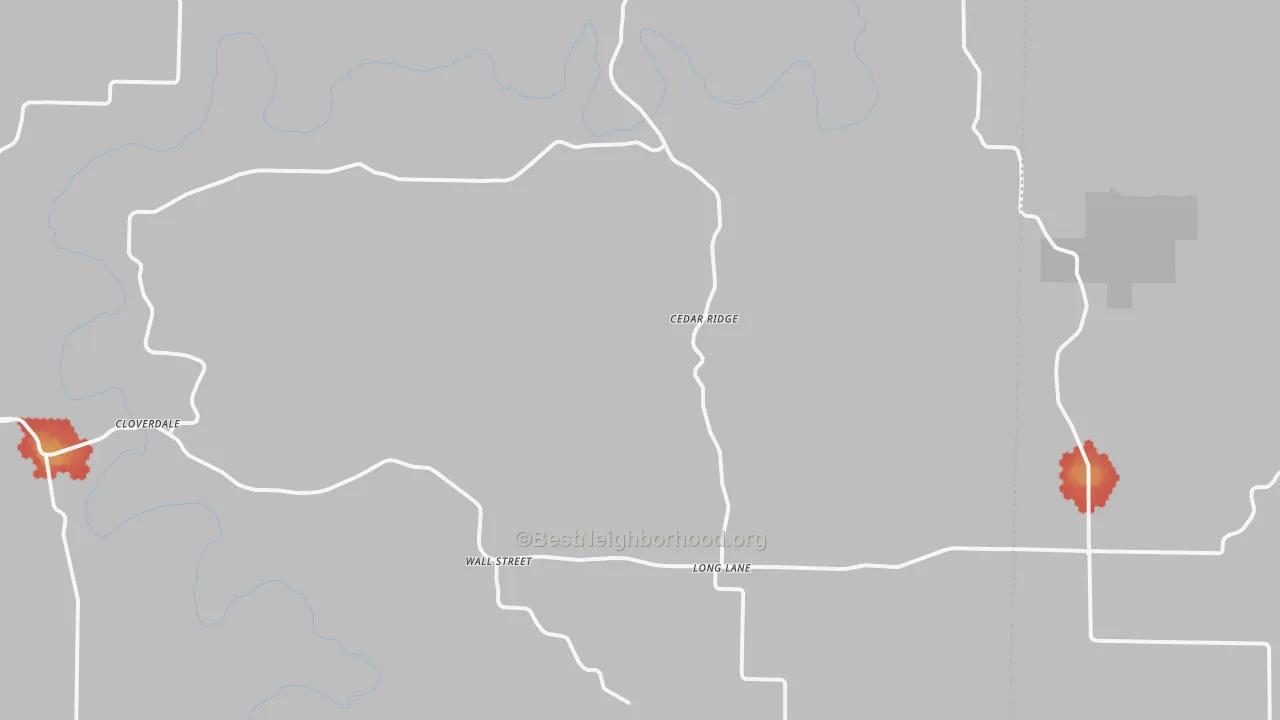 Walk Grade map of Long Lane, MO, walkable areas in green and car-dependent areas in red