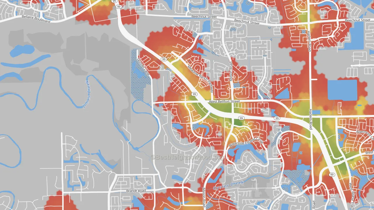 Walk Grade map of Long Meadow Farms, Richmond, TX, walkable areas in green and car-dependent areas in red