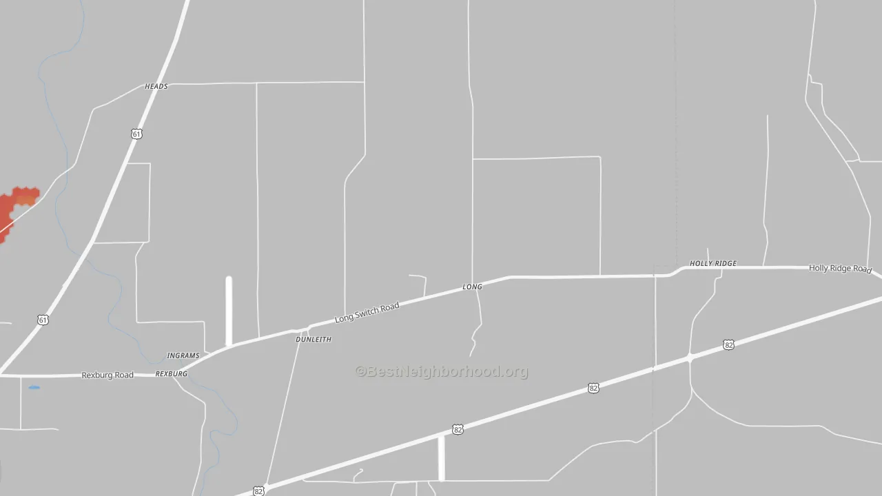 Walk Grade map of Long, MS, walkable areas in green and car-dependent areas in red