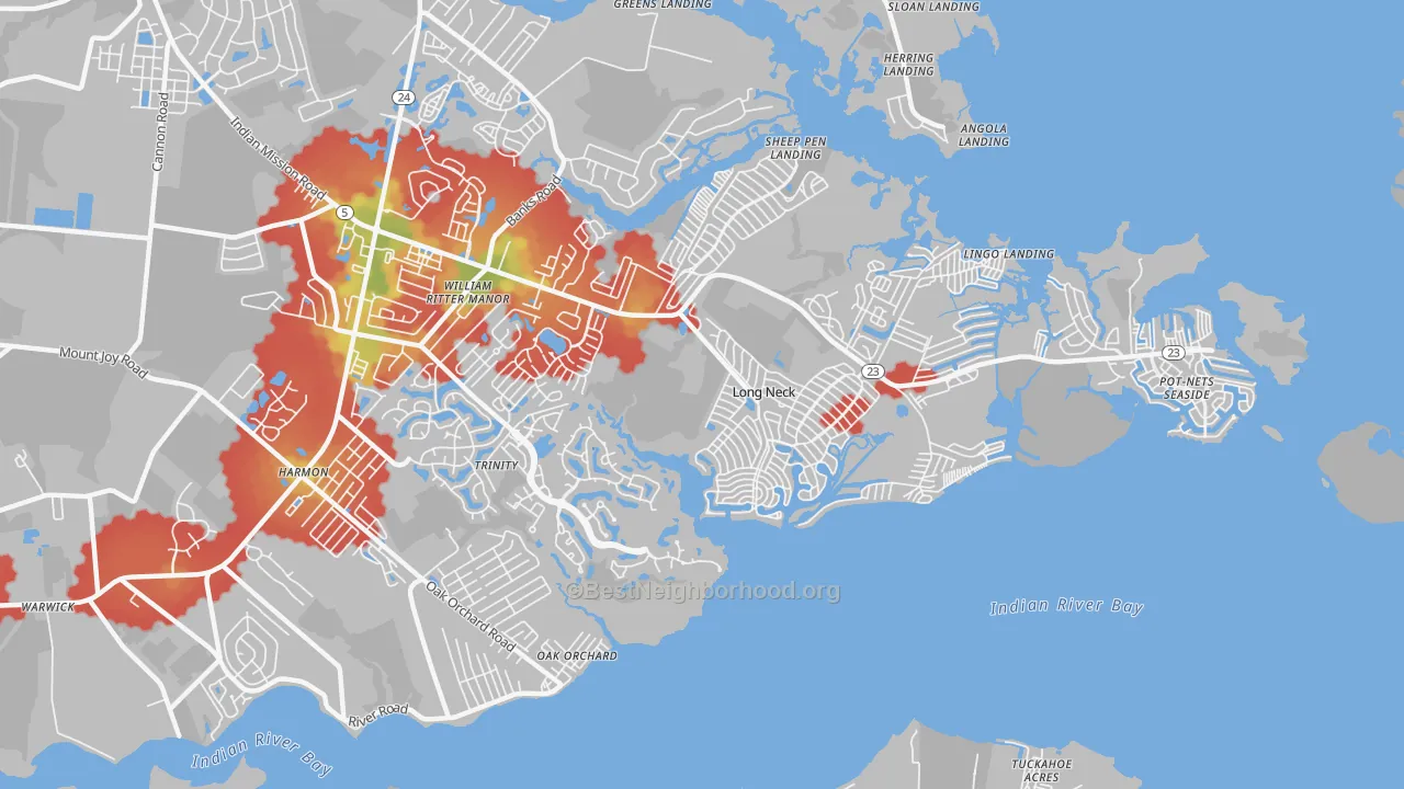 Walk Grade map of Long Neck, DE, walkable areas in green and car-dependent areas in red