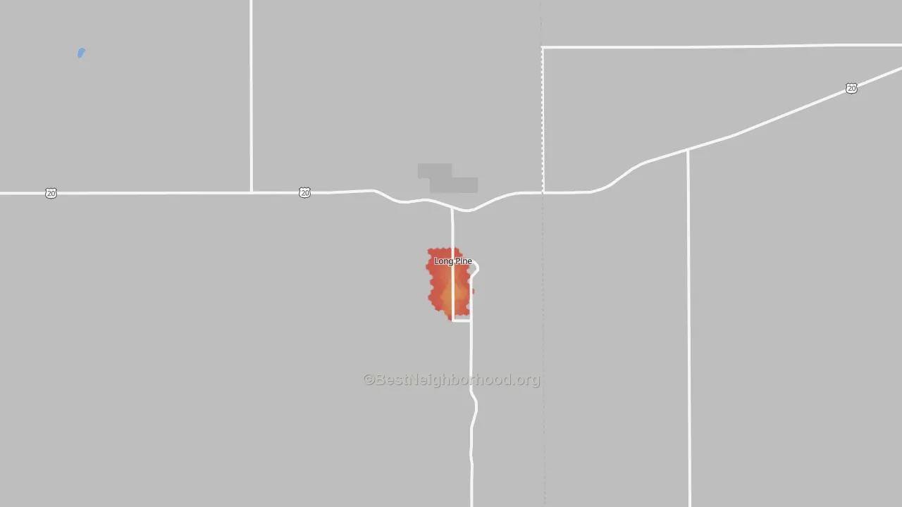 Walk Grade map of Long Pine, NE, walkable areas in green and car-dependent areas in red