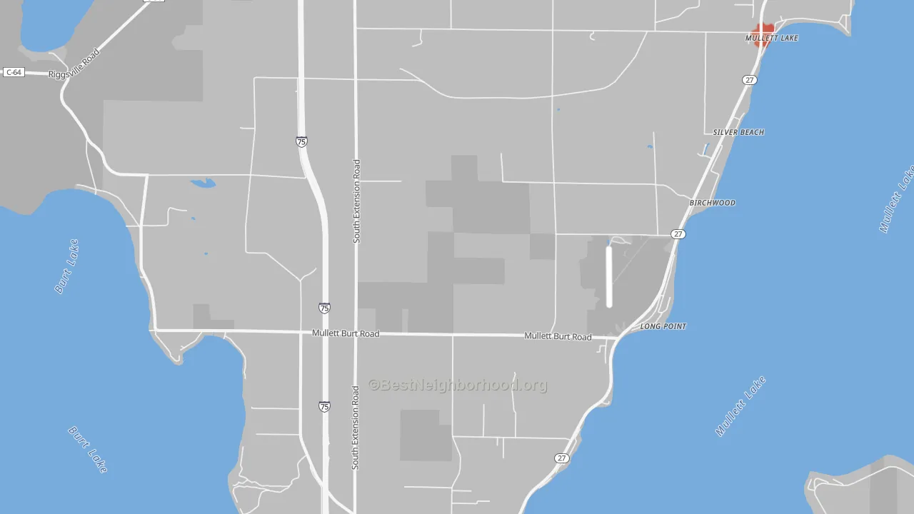 Walk Grade map of Long Point, MI, walkable areas in green and car-dependent areas in red