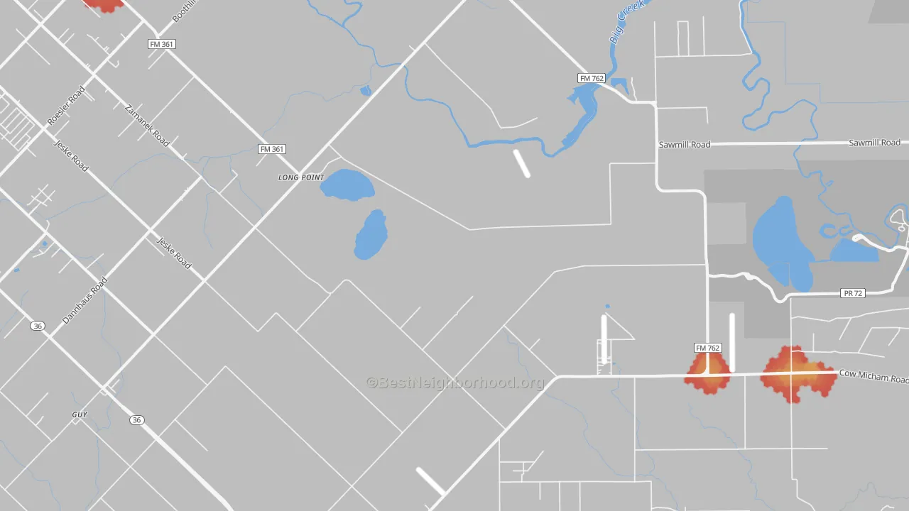 Walk Grade map of Long Point, TX, walkable areas in green and car-dependent areas in red