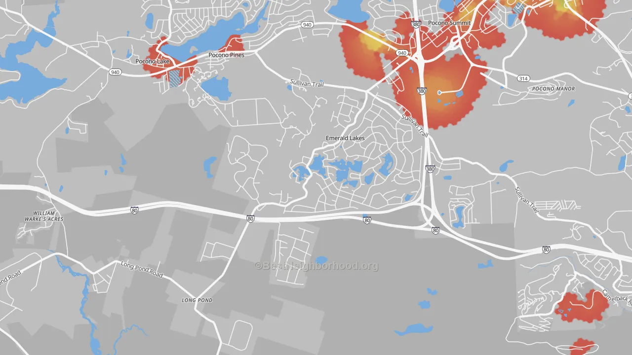 Walk Grade map of Long Pond, PA, walkable areas in green and car-dependent areas in red