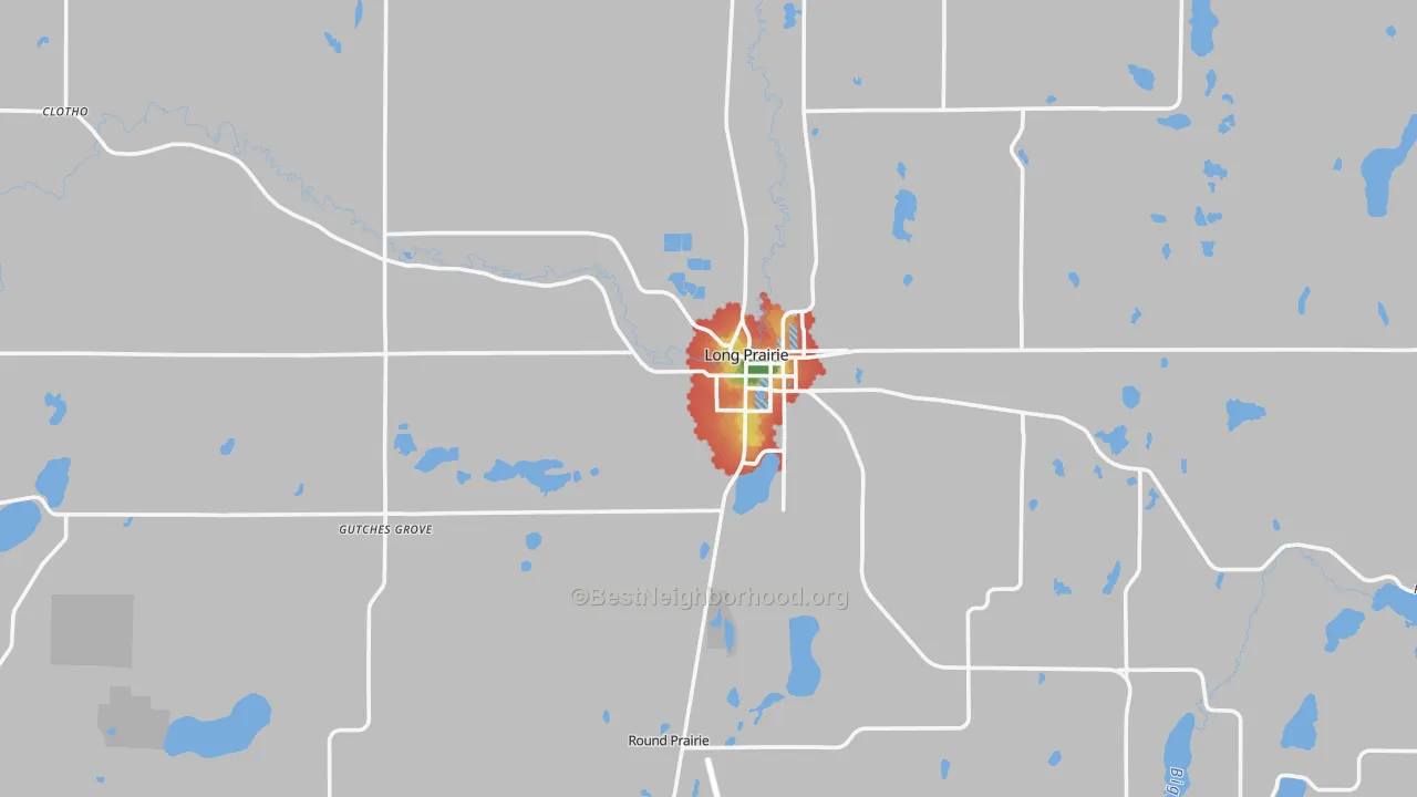 Walk Grade map of Long Prairie, MN, walkable areas in green and car-dependent areas in red