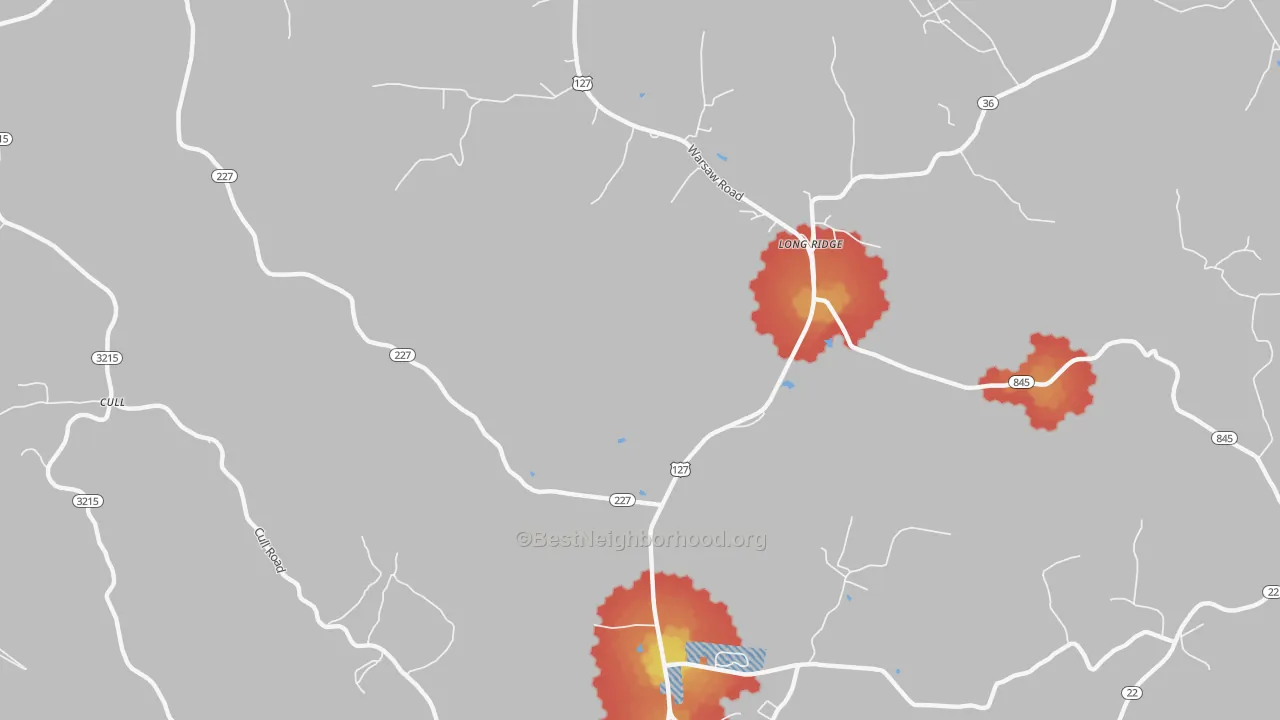 Walk Grade map of Long Ridge, KY, walkable areas in green and car-dependent areas in red