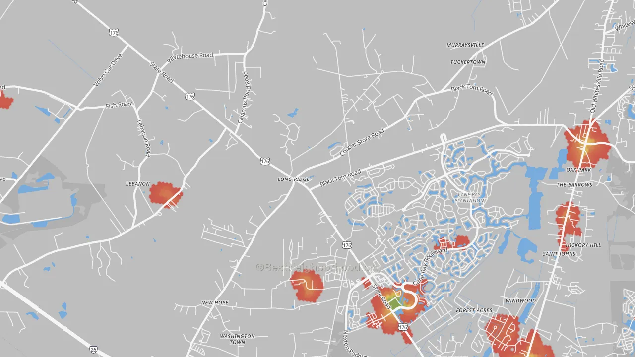 Walk Grade map of Long Ridge, SC, walkable areas in green and car-dependent areas in red