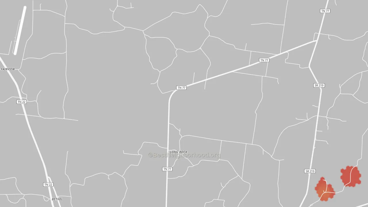 Walk Grade map of Long Rock, TN, walkable areas in green and car-dependent areas in red
