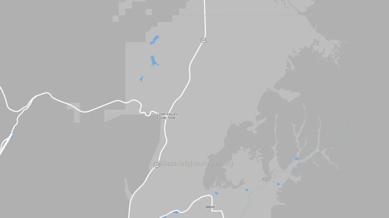 Walk Grade map of Long Valley Junction, UT, walkable areas in green and car-dependent areas in red