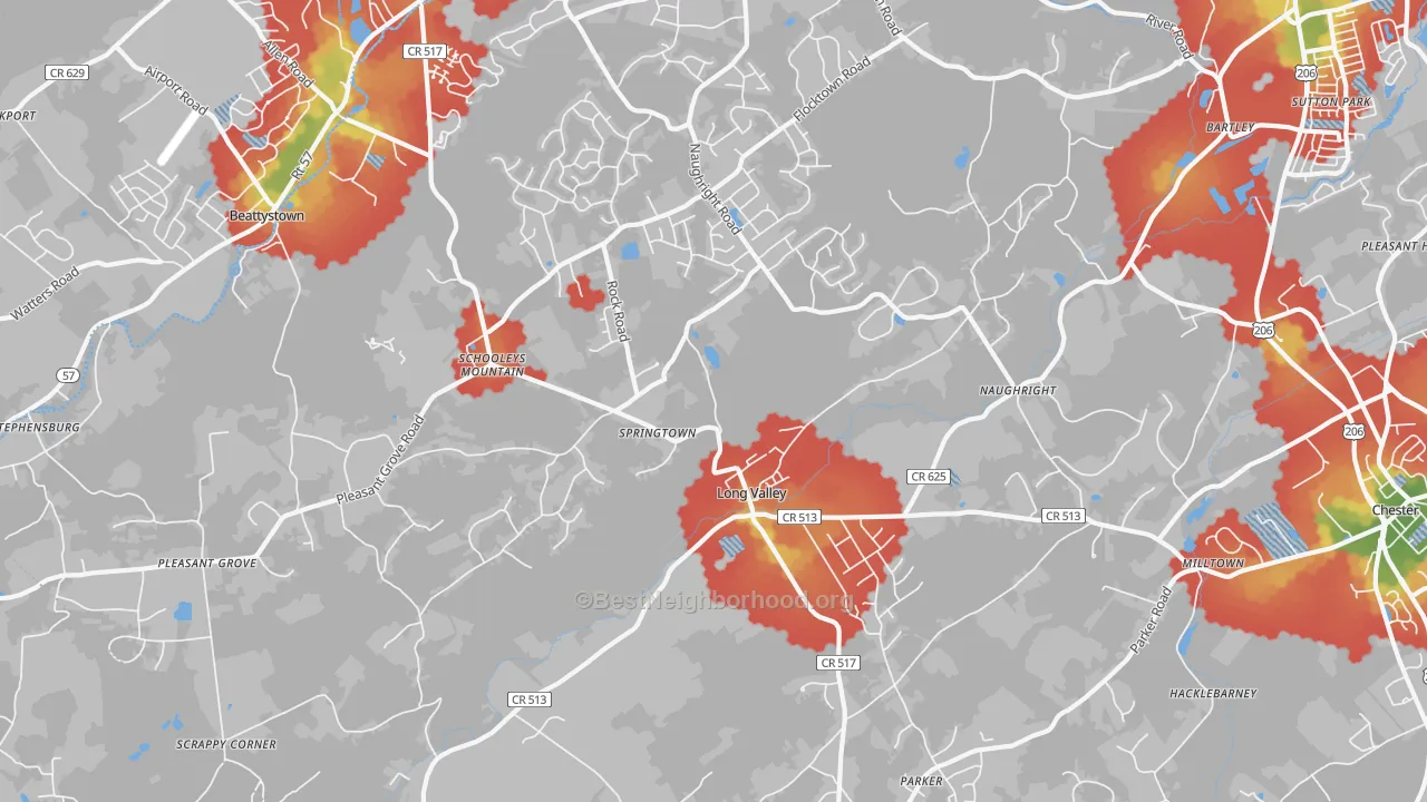 Walk Grade map of Long Valley, NJ, walkable areas in green and car-dependent areas in red