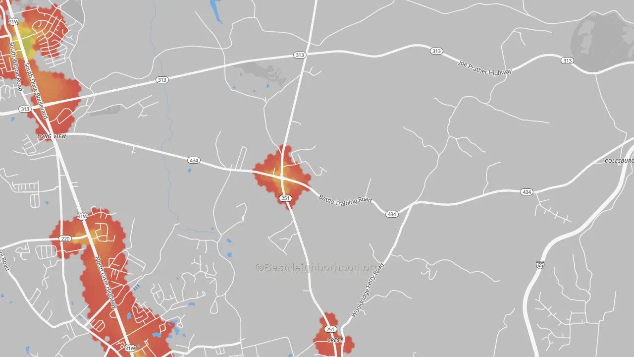 Walk Grade map of Long View, KY, walkable areas in green and car-dependent areas in red