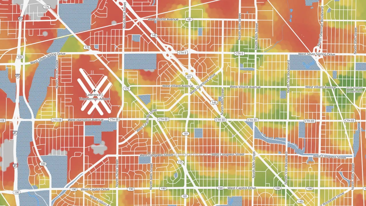 Walk Grade map of Long View, Milwaukee, WI, walkable areas in green and car-dependent areas in red