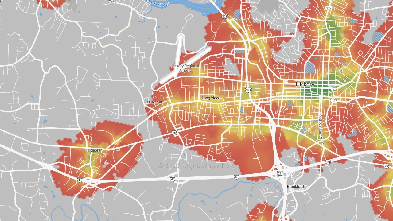Walk Grade map of Long View, NC, walkable areas in green and car-dependent areas in red