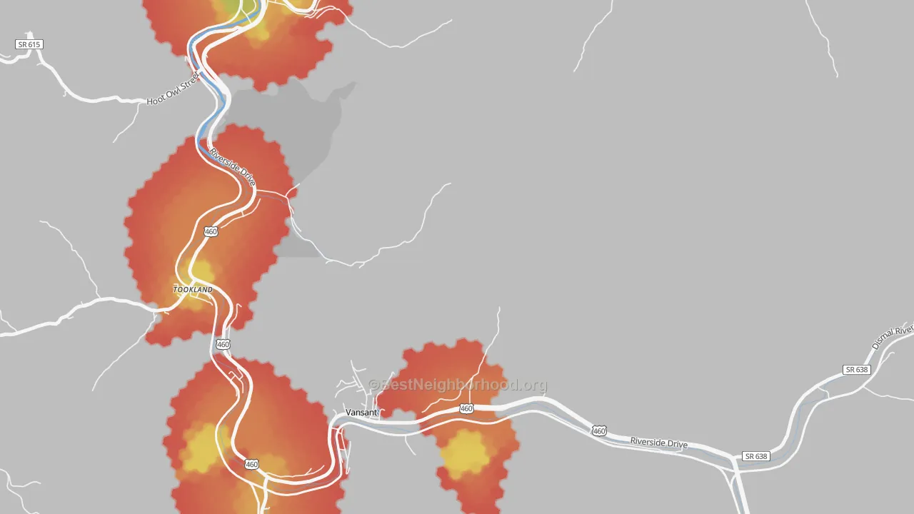 Walk Grade map of Longbottom, VA, walkable areas in green and car-dependent areas in red