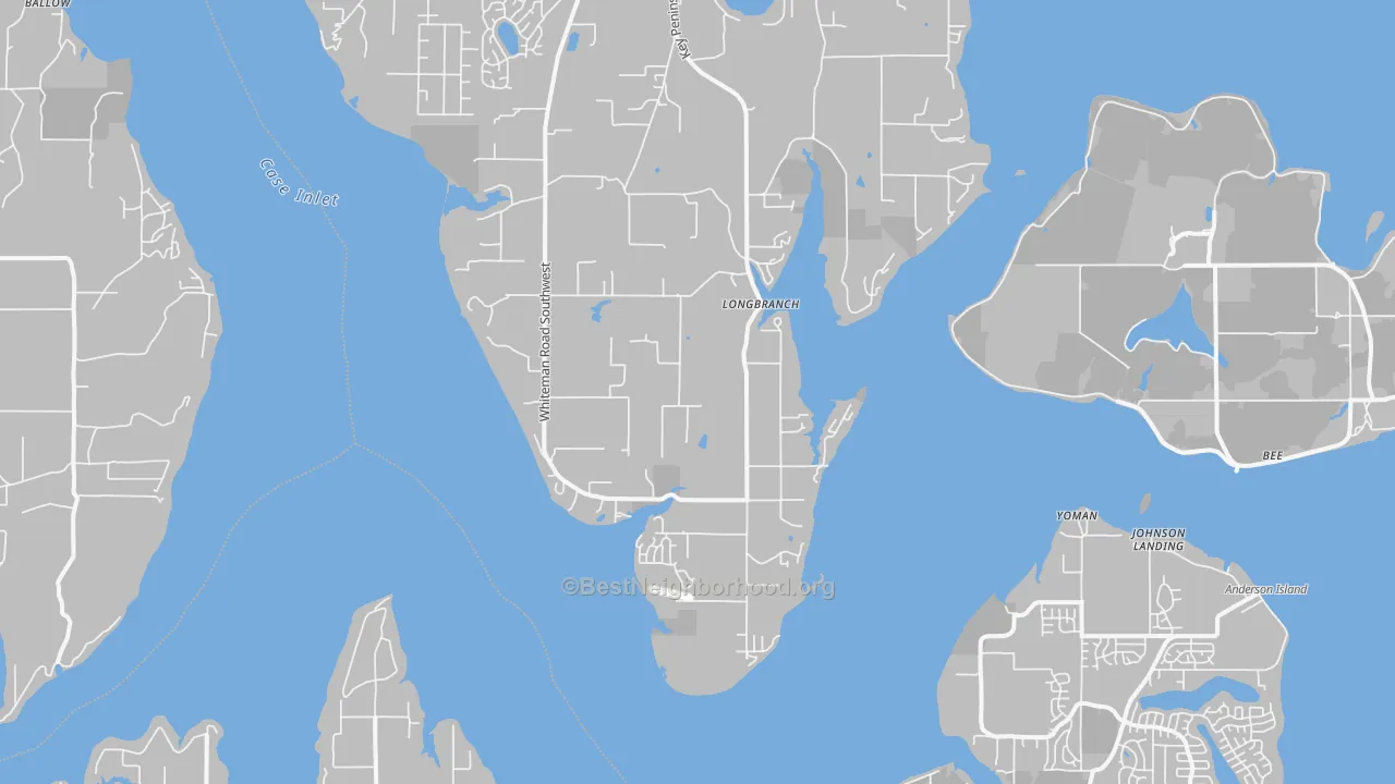 Walk Grade map of Longbranch, WA, walkable areas in green and car-dependent areas in red