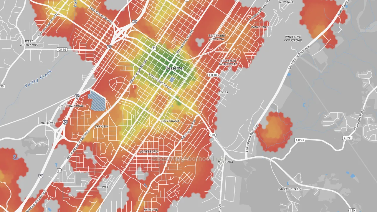 Walk Grade map of Longbrook Estates, Bessemer, AL, walkable areas in green and car-dependent areas in red