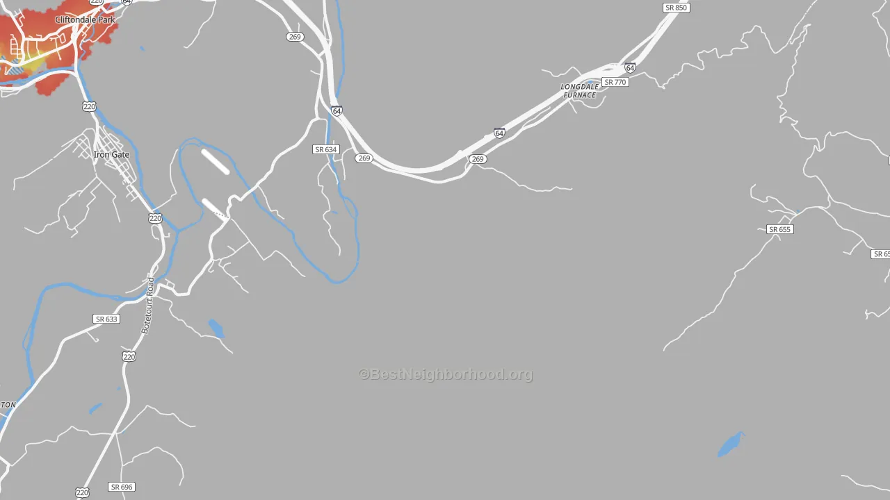Walk Grade map of Longdale Furnace, VA, walkable areas in green and car-dependent areas in red