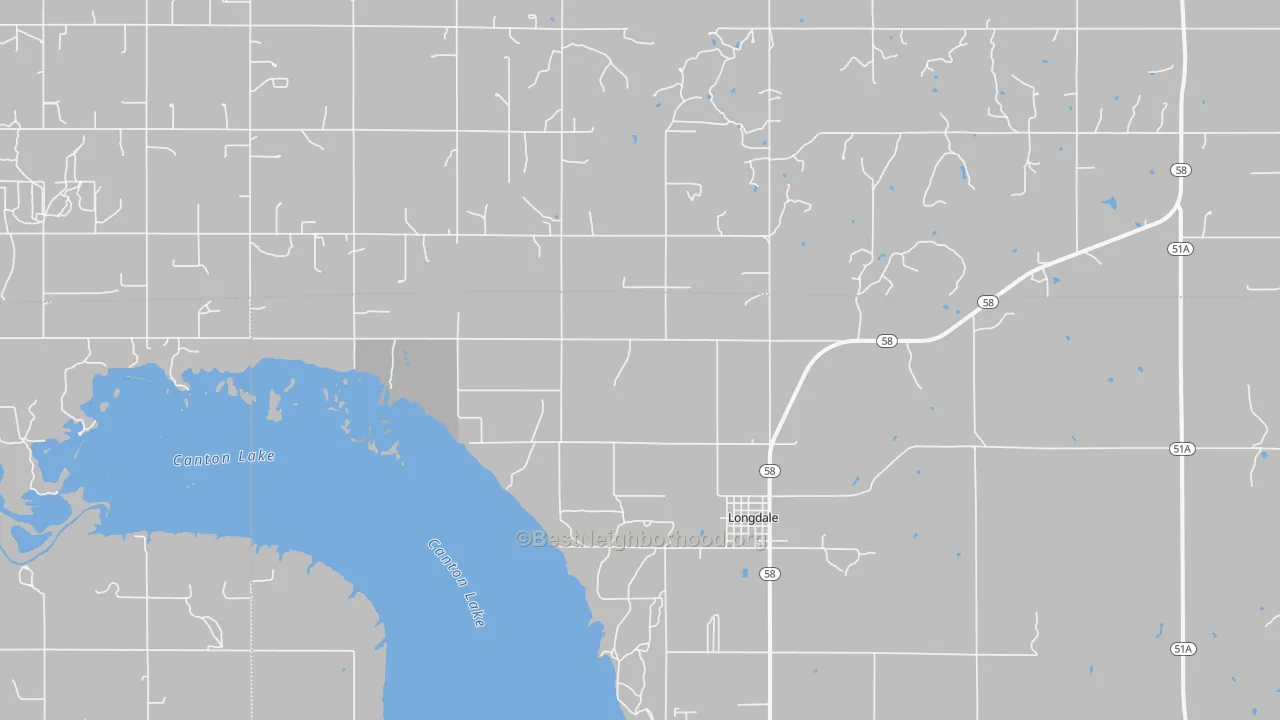 Walk Grade map of Longdale, OK, walkable areas in green and car-dependent areas in red