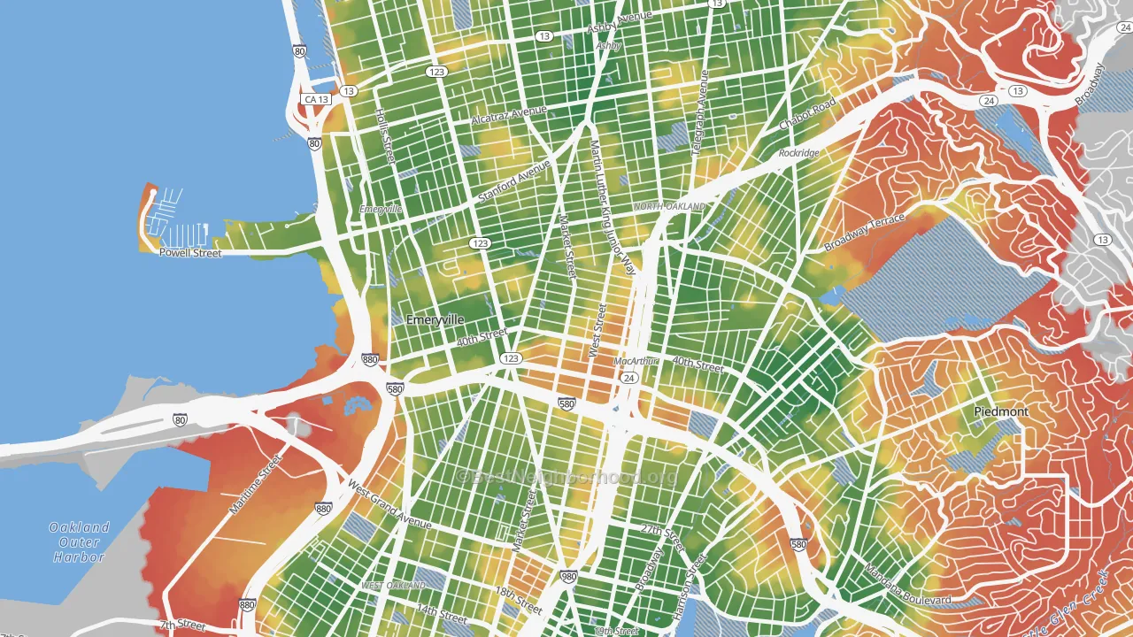 Walk Grade map of Longfellow, Emeryville, CA, walkable areas in green and car-dependent areas in red