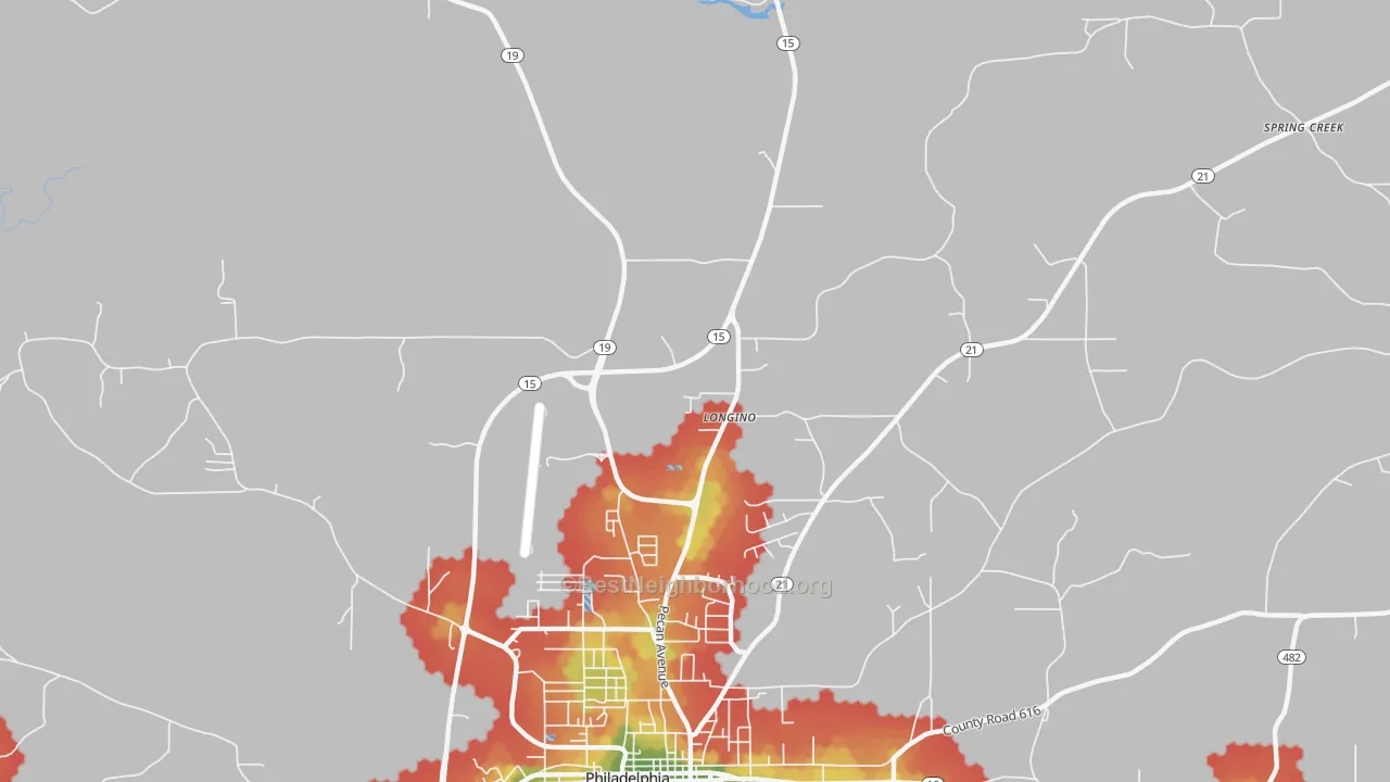 Walk Grade map of Longino, MS, walkable areas in green and car-dependent areas in red