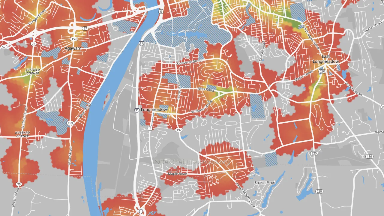Walk Grade map of Longmeadow, MA, walkable areas in green and car-dependent areas in red