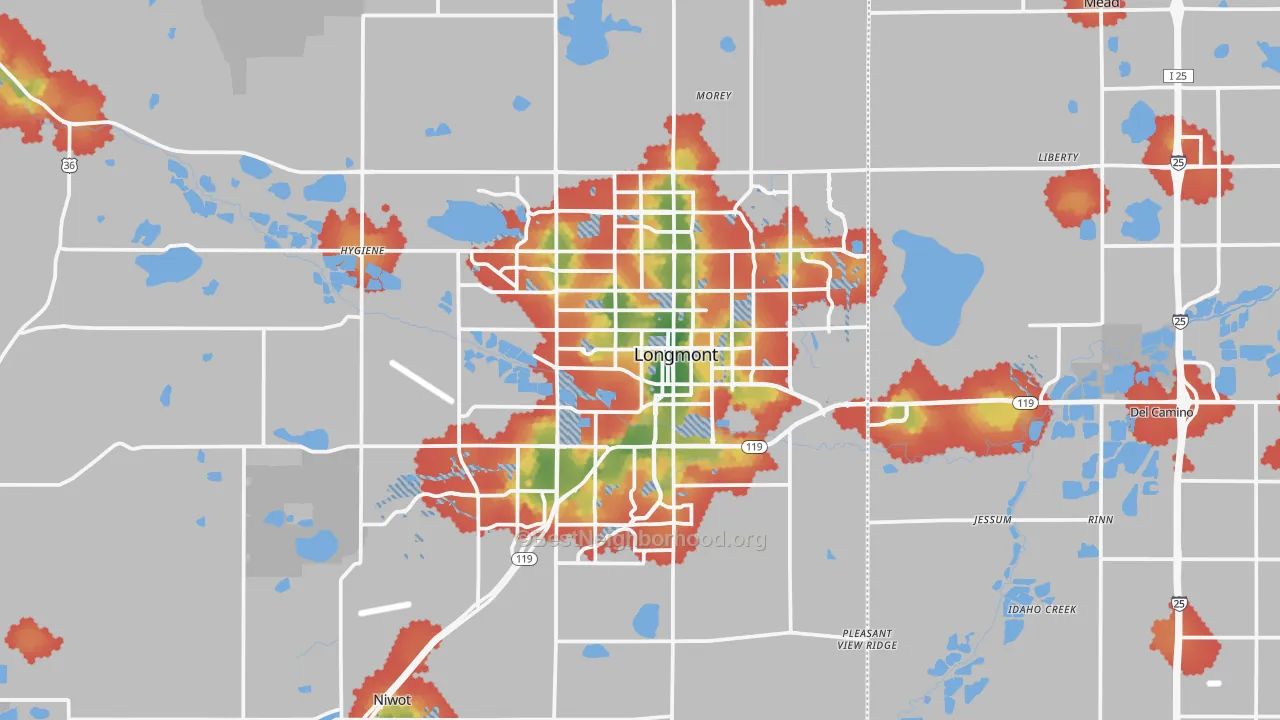Walk Grade map of Longmont, CO, walkable areas in green and car-dependent areas in red