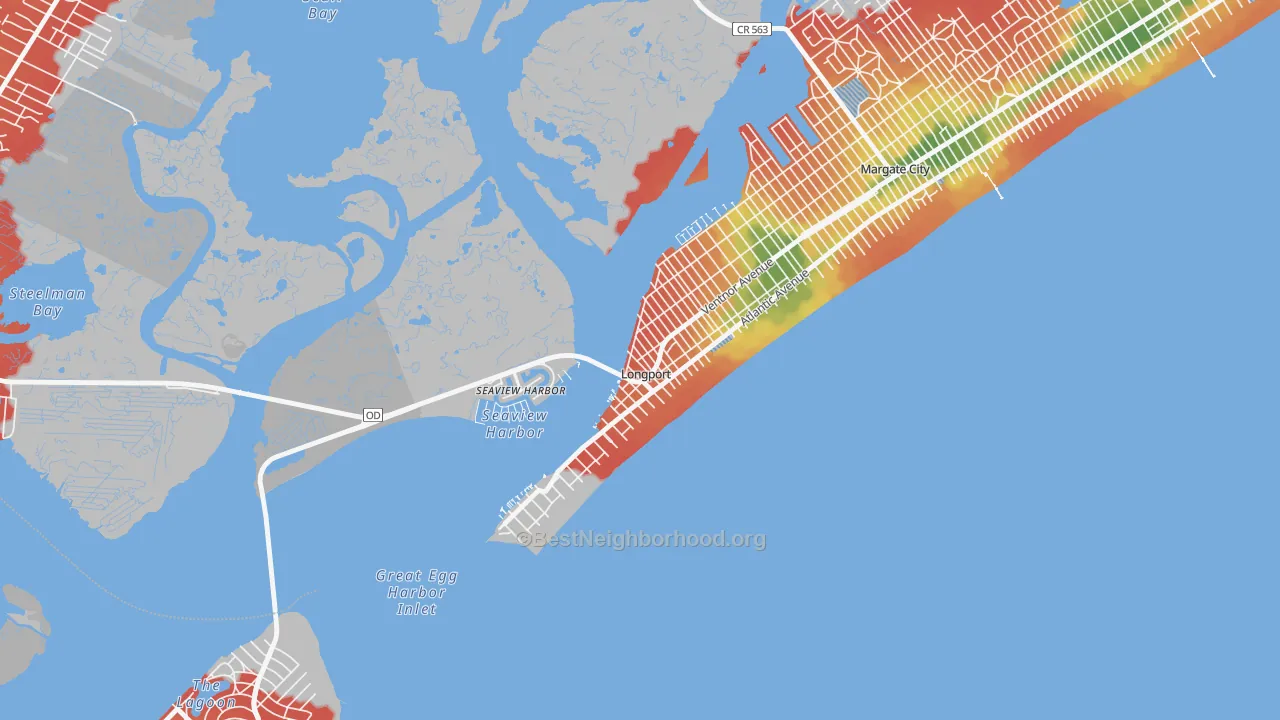 Walk Grade map of Longport, NJ, walkable areas in green and car-dependent areas in red