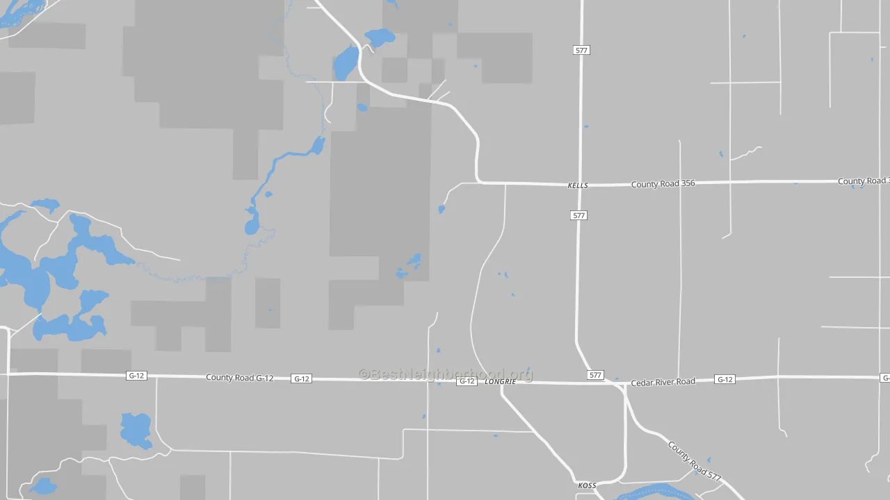 Walk Grade map of Longrie, MI, walkable areas in green and car-dependent areas in red