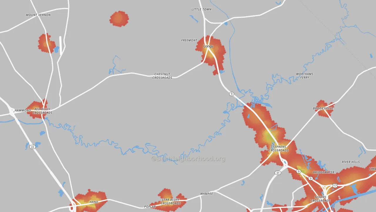 Walk Grade map of Longs, SC, walkable areas in green and car-dependent areas in red