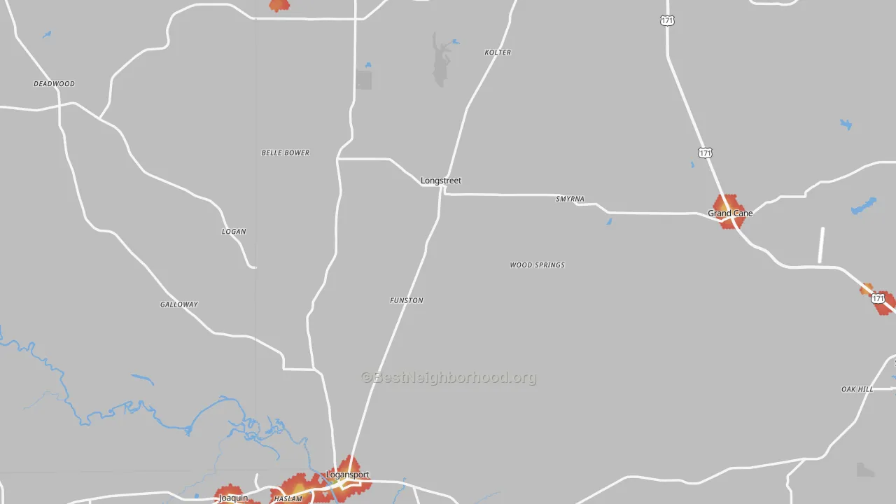 Walk Grade map of Longstreet, LA, walkable areas in green and car-dependent areas in red