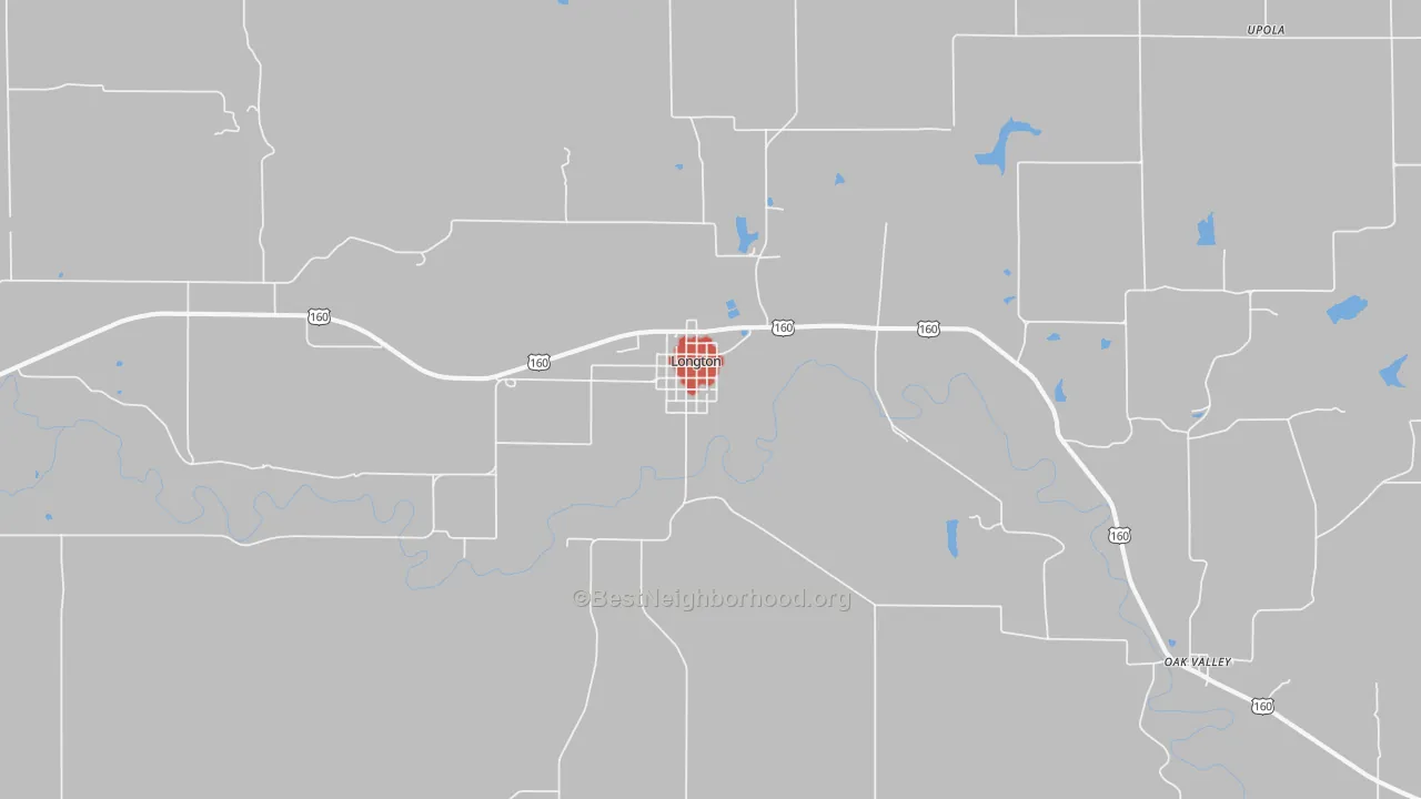 Walk Grade map of Longton, KS, walkable areas in green and car-dependent areas in red