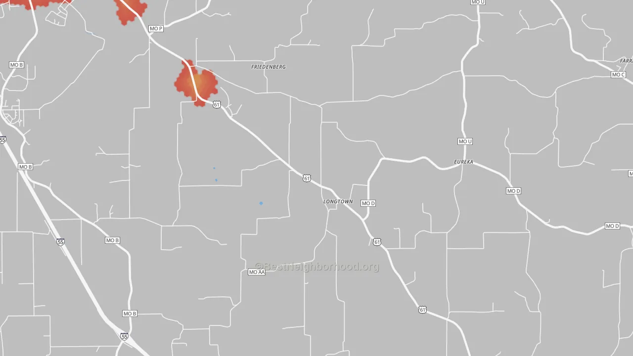 Walk Grade map of Longtown, MO, walkable areas in green and car-dependent areas in red
