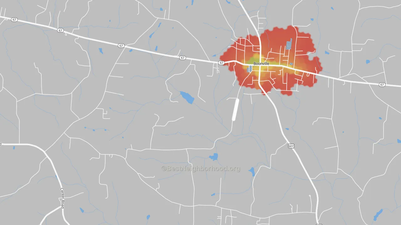 Walk Grade map of Longtown, NC, walkable areas in green and car-dependent areas in red
