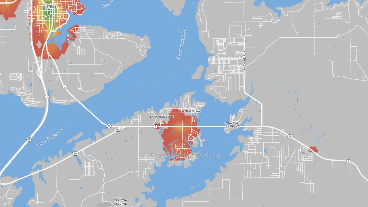 Walk Grade map of Longtown, OK, walkable areas in green and car-dependent areas in red