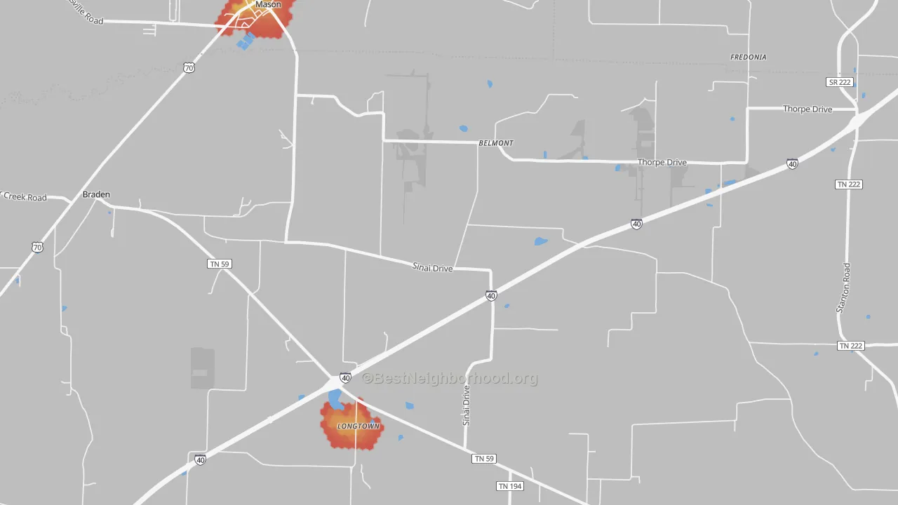Walk Grade map of Longtown, TN, walkable areas in green and car-dependent areas in red