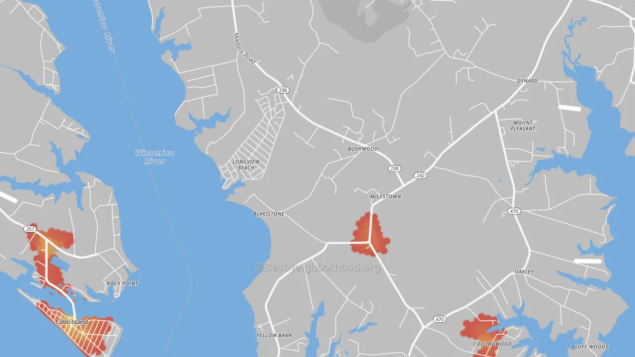 Walk Grade map of Longview Beach, MD, walkable areas in green and car-dependent areas in red