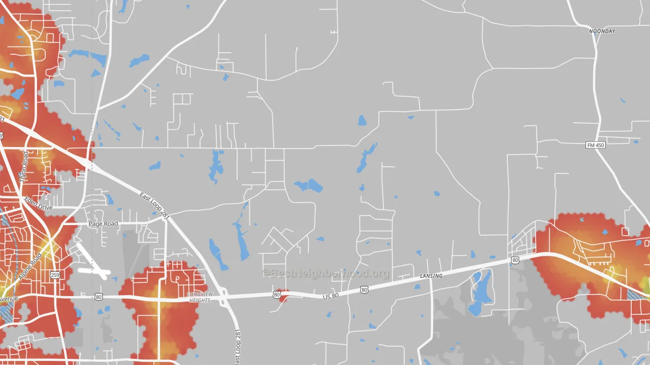 Walk Grade map of Longview Heights, TX, walkable areas in green and car-dependent areas in red