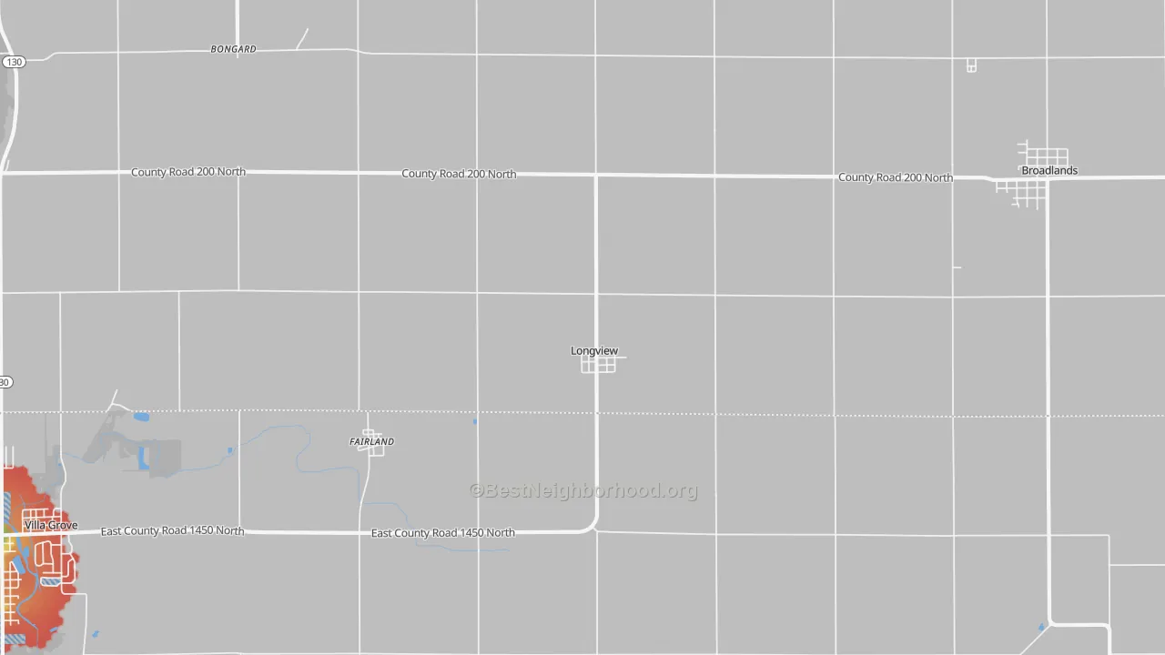Walk Grade map of Longview, IL, walkable areas in green and car-dependent areas in red
