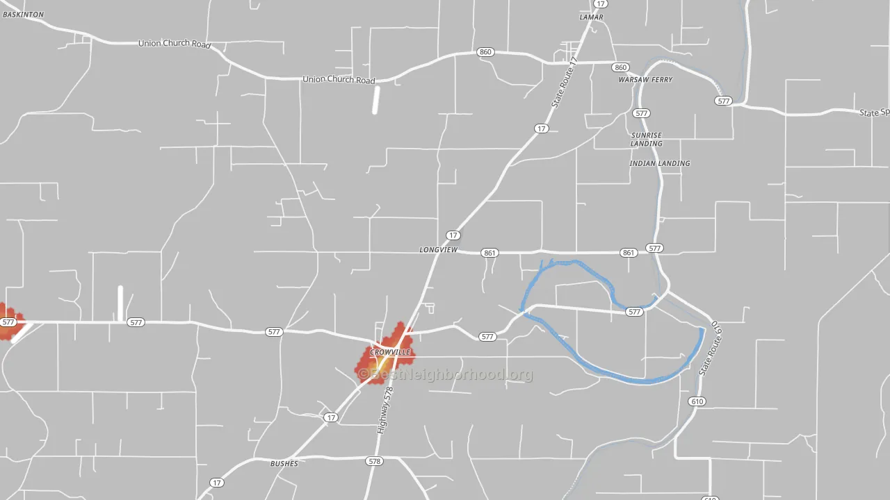 Walk Grade map of Longview, LA, walkable areas in green and car-dependent areas in red
