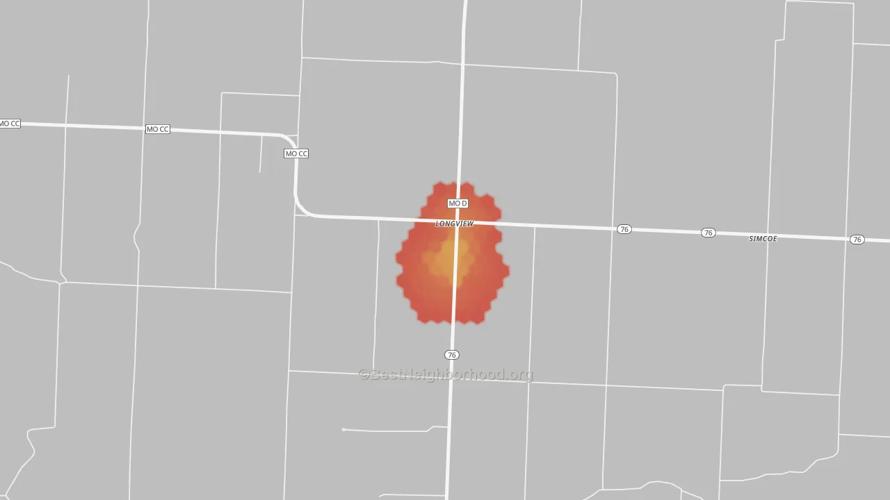 Walk Grade map of Longview, MO, walkable areas in green and car-dependent areas in red